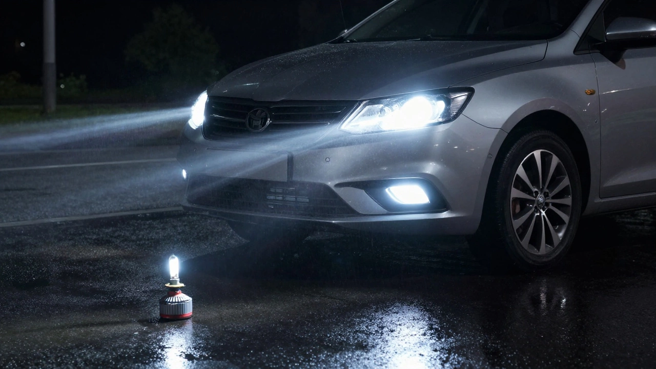 Современная фара с лампой H7, создающая точный световой пучок на дороге ночью.