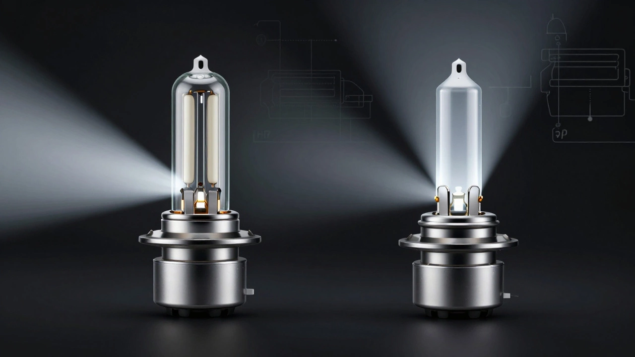 Сравнение конструкций ламп H4 и H7: две нити против одной, с изображением световых пучков.