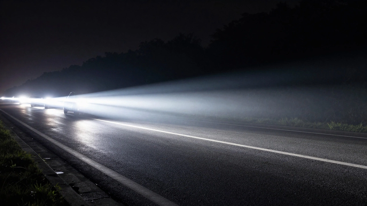 Свет от автомобильных фар на дорожном покрытии ночью с четкой границей