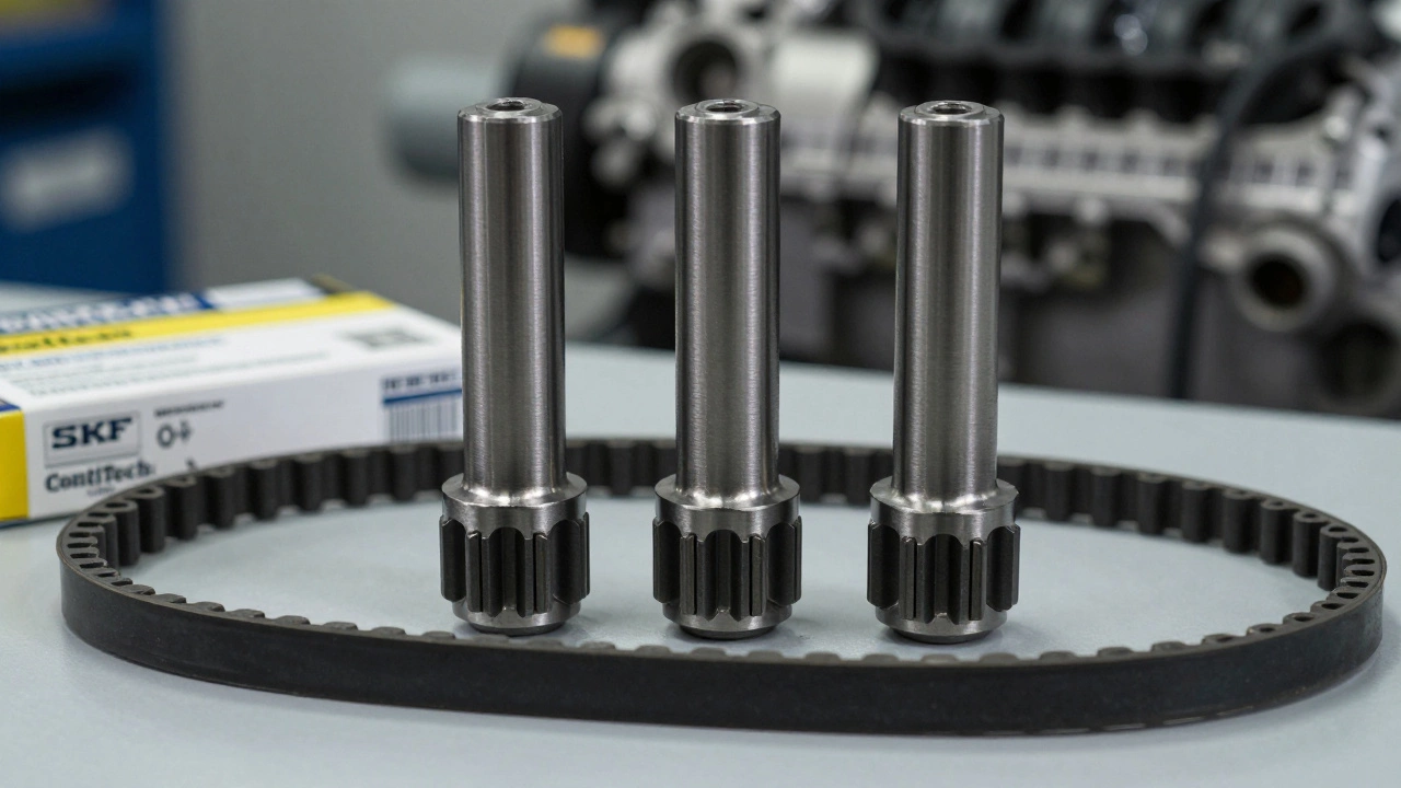 Три качественных ролика ремня ГРМ от брендов ContiTech, INA и SKF лежат на рабочем столе рядом с новым ремнём, видны упаковка и маркировки.