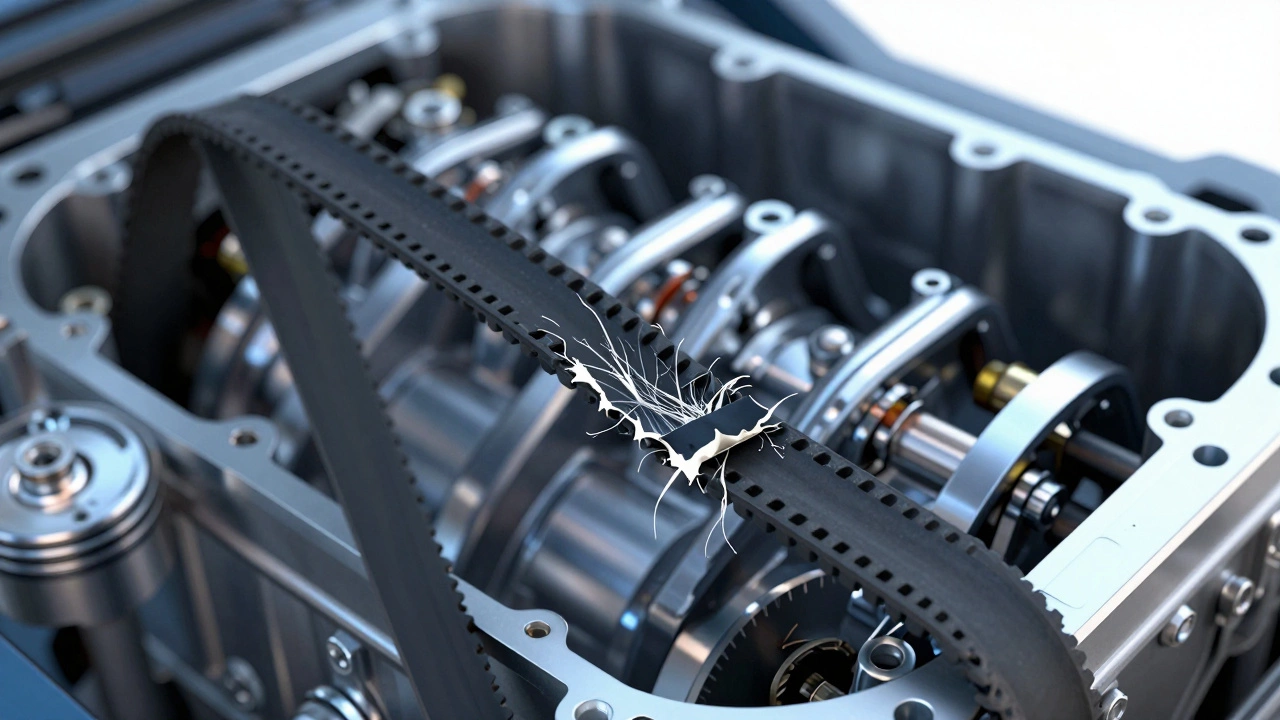 3D-визуализация поршня и порванного ремня ГРМ внутри двигателя