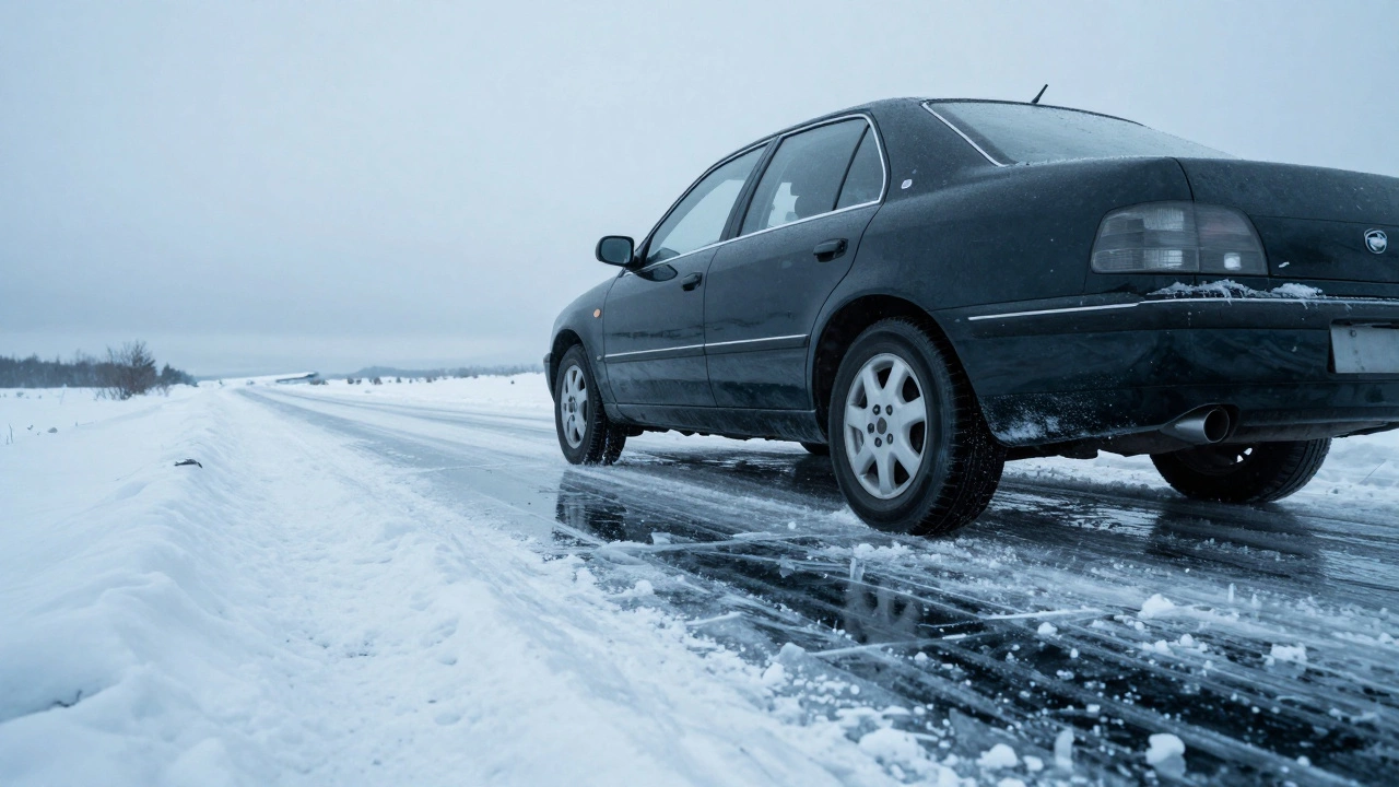 Автомобиль на скользкой обледенелой дороге в зимний период
