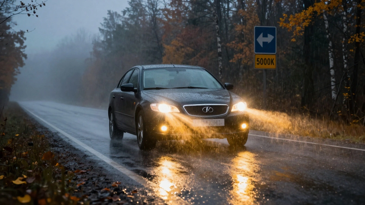 Автомобиль в дождь с белым основным светом фар и желтыми противотуманными огнями