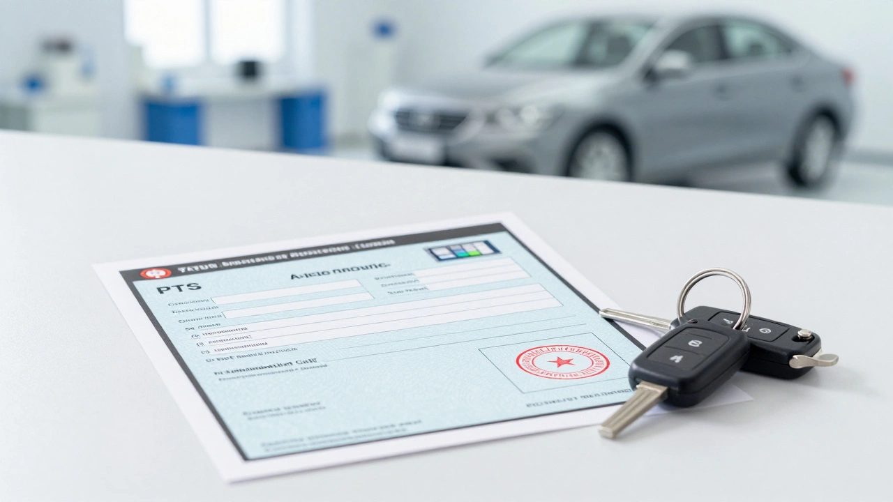 Документы ПТС и печать сертификации на фоне автомобиля в лаборатории