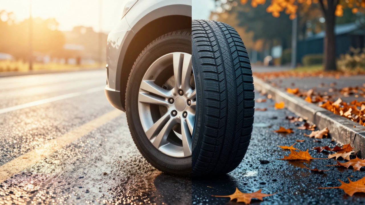 Колесо автомобиля в двух сезонах: лето и осень