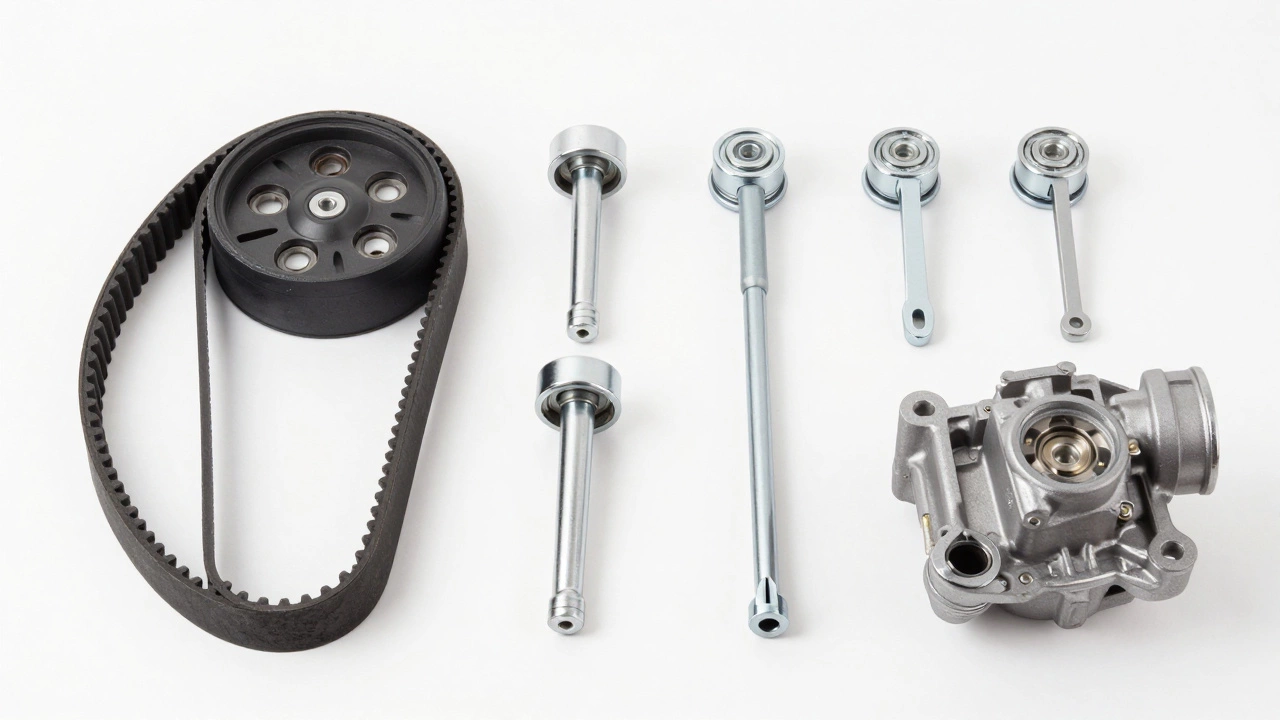 Комплект новых запчастей для замены ГРМ: ремень, ролики и помпа