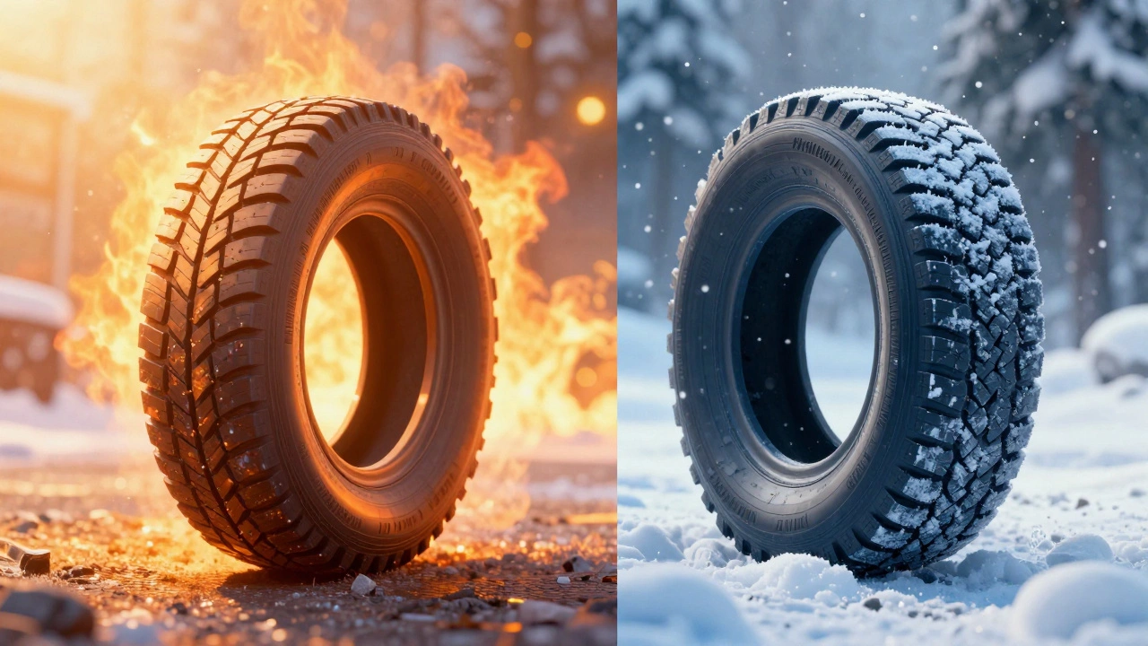 Концептуальное сравнение износа всесезонной шины в жару и мороз