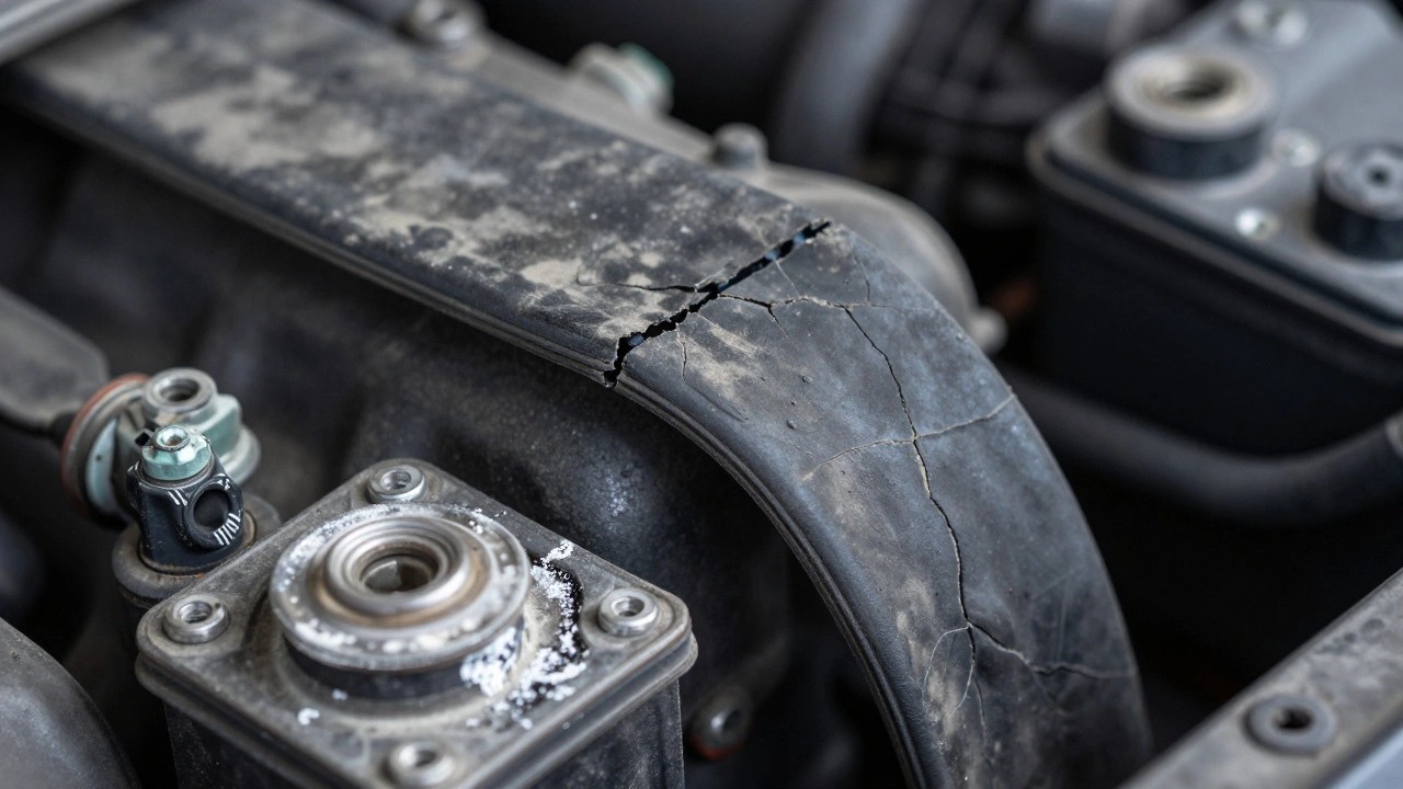 Крупный план потрескавшегося ремня ГРМ и окисленных клемм аккумулятора