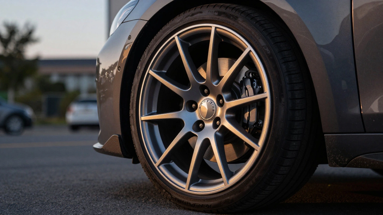 Крупный план стильного колесного диска, правильно вписанного в колесную арку