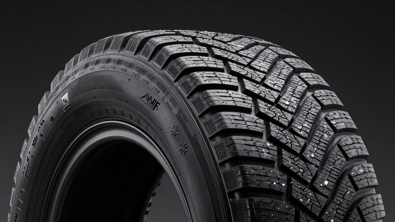 Макроснимок протектора всепогодной шины с маркировкой 3PMSF