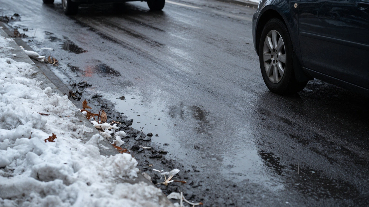 Машина едет по дороге с мокрым асфальтом и остатками снега