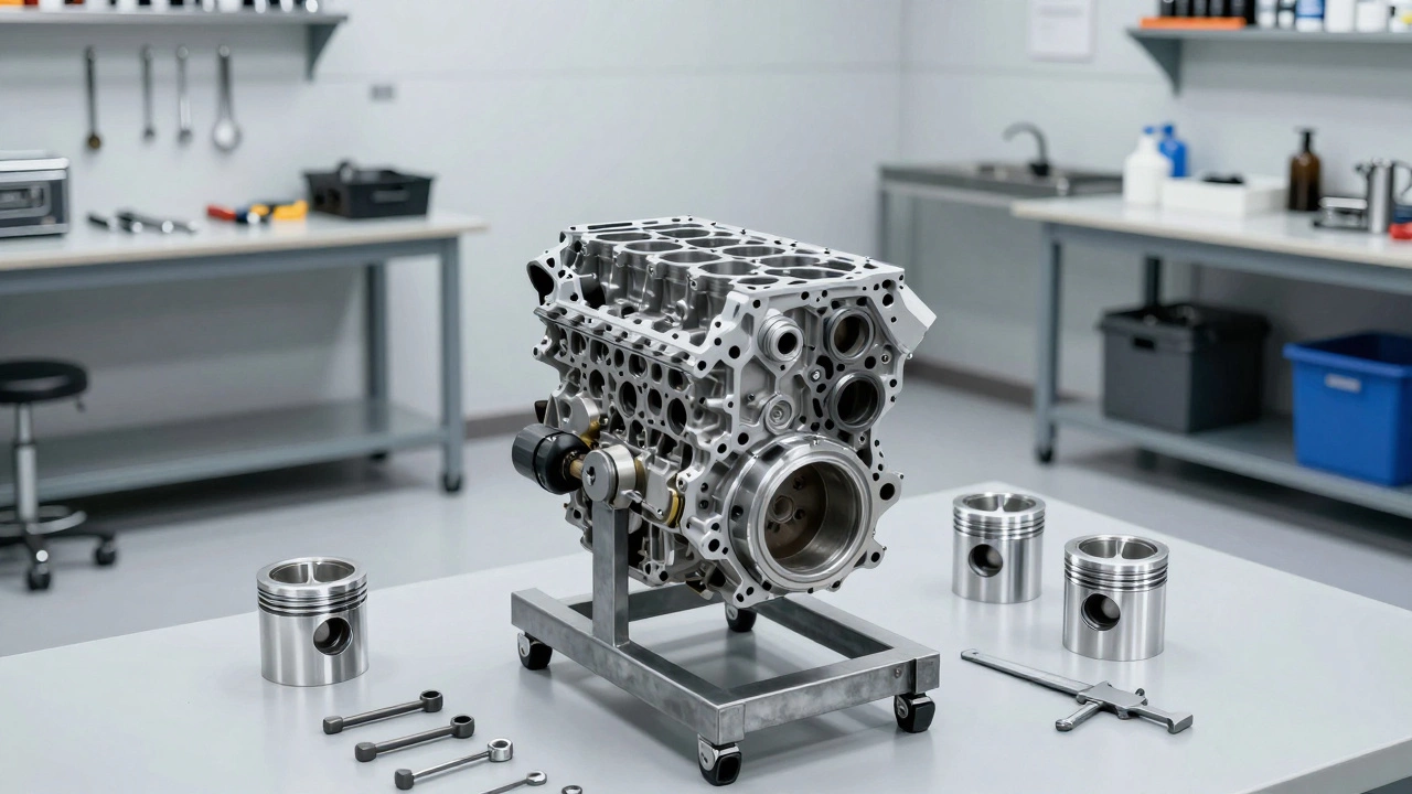 Разобранный двигатель на стенде в профессиональном автосервисе