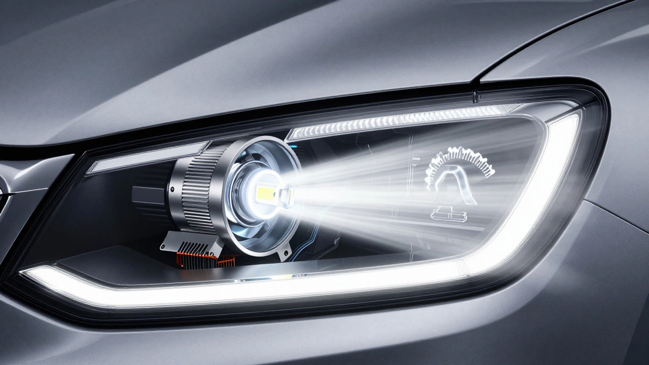 Современный LED-модуль с линзой, излучающий чистый белый свет внутри фары