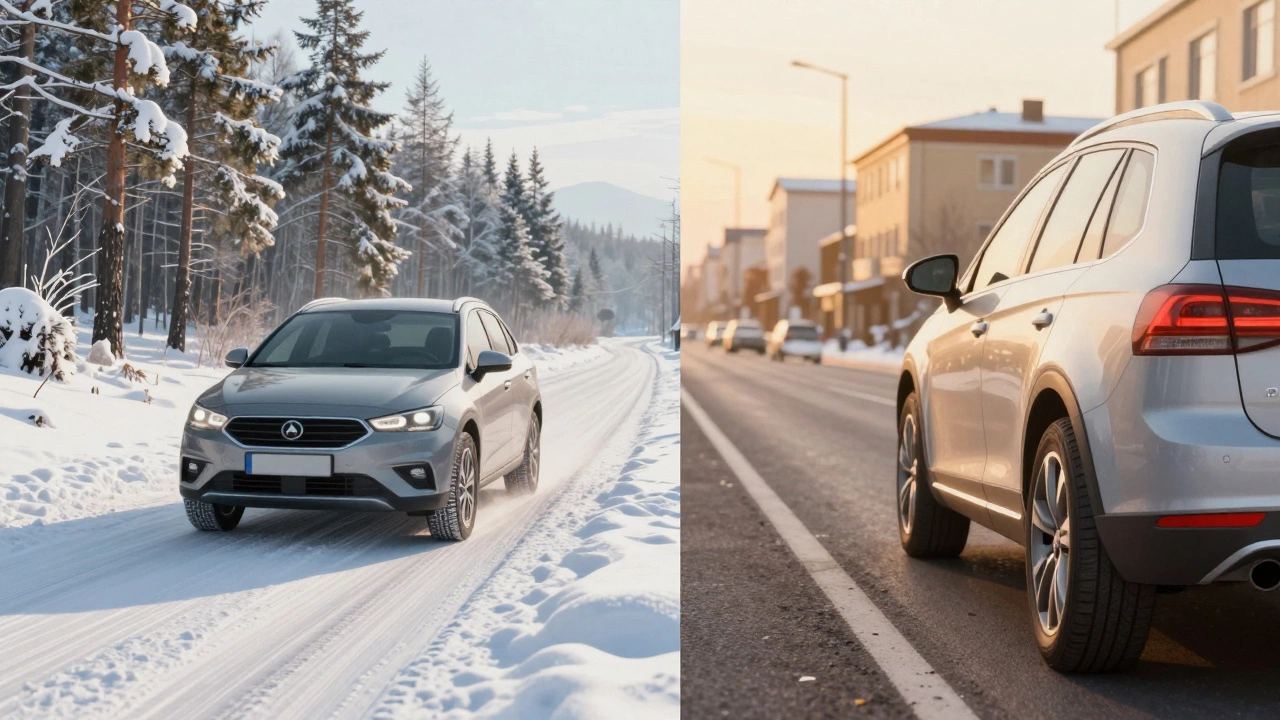 Сравнение автомобиля на зимней дороге в лесу и на летней дороге в городе