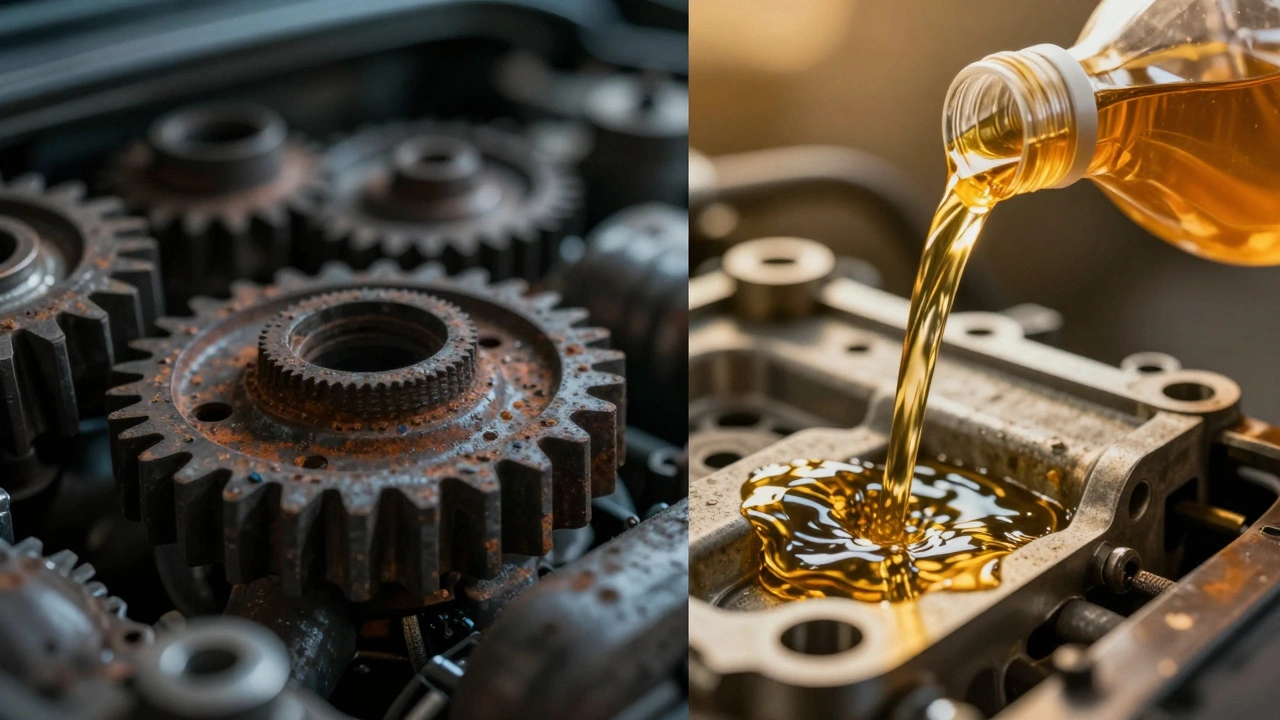 Сравнение старых ржавых деталей двигателя и потока свежего моторного масла