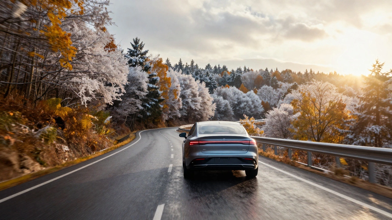 Автомобиль едет по дороге, меняющейся от дождя к снегу и солнцу