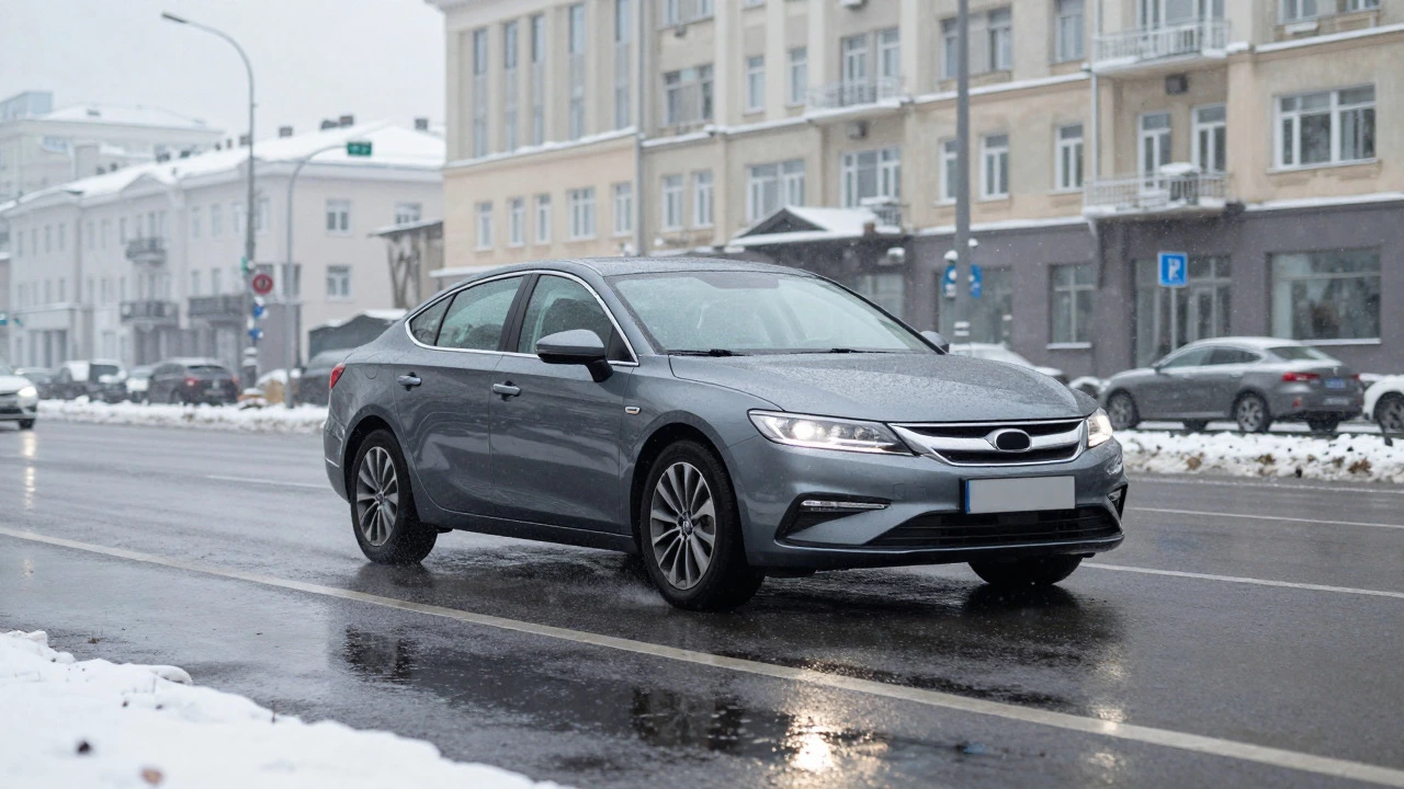 Автомобиль на всесезонных шинах едет по мокрой дороге в легкую метель