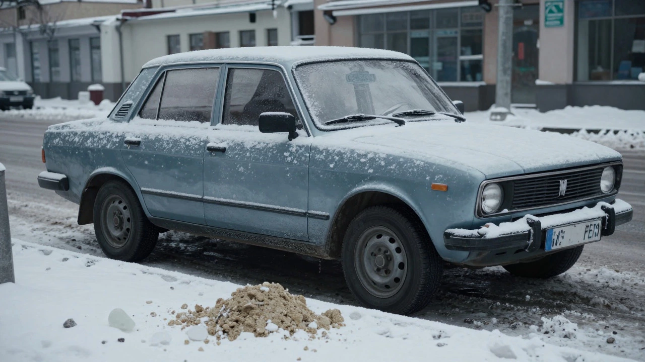 Автомобиль на заснеженной зимней улице с солью на нижней части кузова и колесных арках