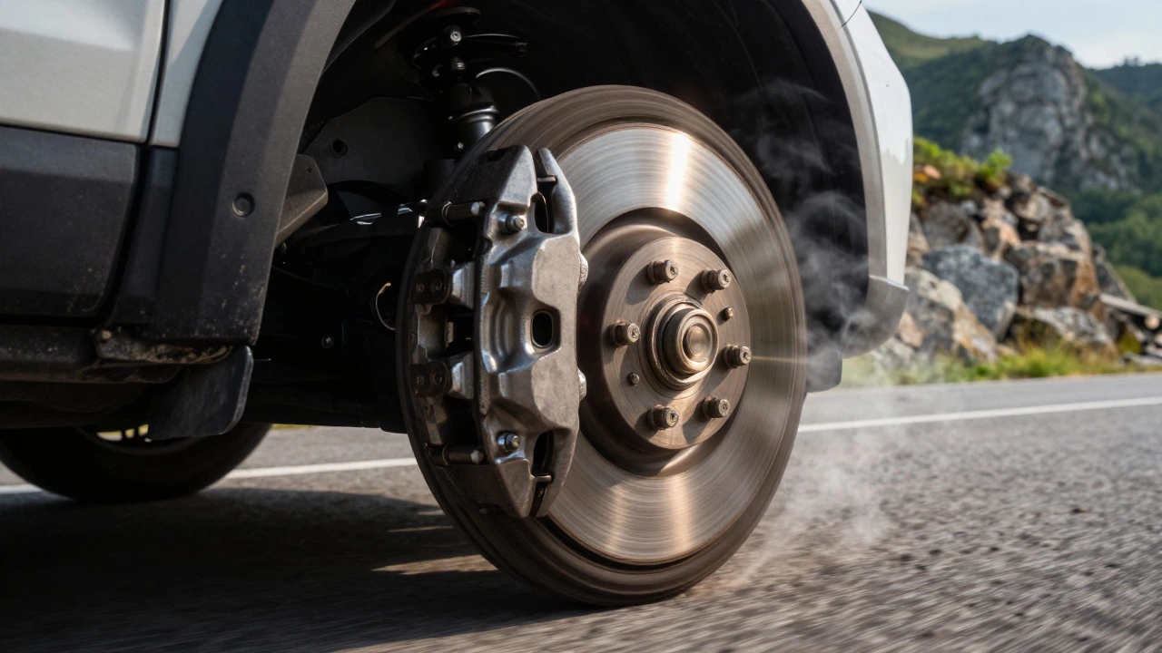 Brake caliper engaging with a hot disc on a mountain road