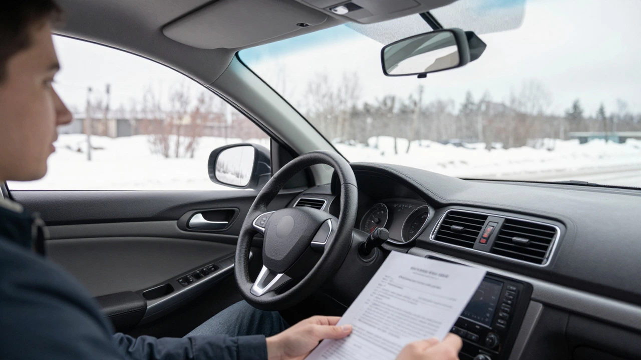 Покупатель осматривает руль и приборную панель автомобиля с малым пробегом