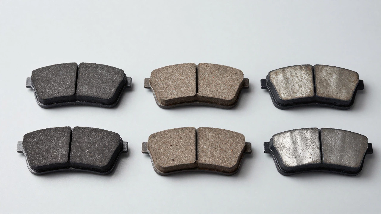 Three different types of brake pads displayed side by side in a studio setting
